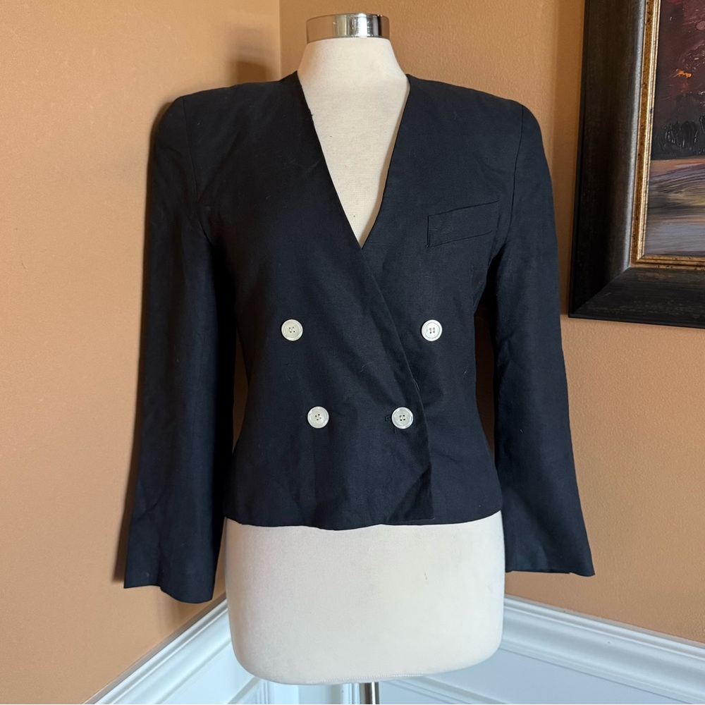 Vintage Dior 1980s Black Linen Double Breasted Cropped Blazer Womens Size 6